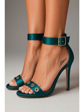 Teal Satin Ankle Strap High Heel Sandals With Buckle & Metal Eyelet Detail